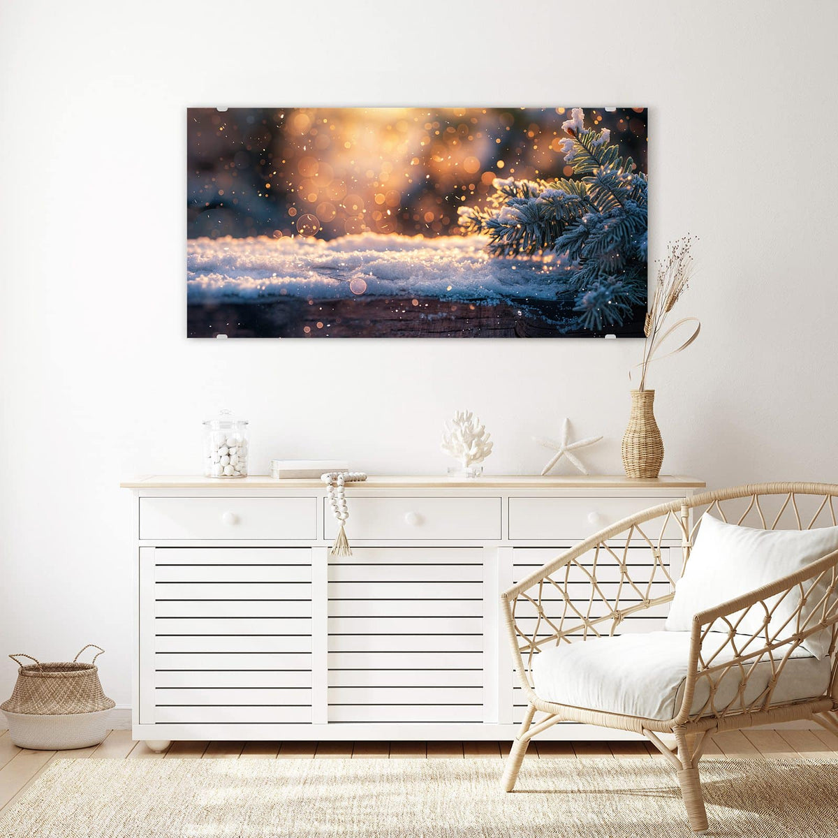 Echtglas, 4 mm – kein Acryl, keine Folie – Wandbild - Tannenzweig im Goldlicht - Querformat