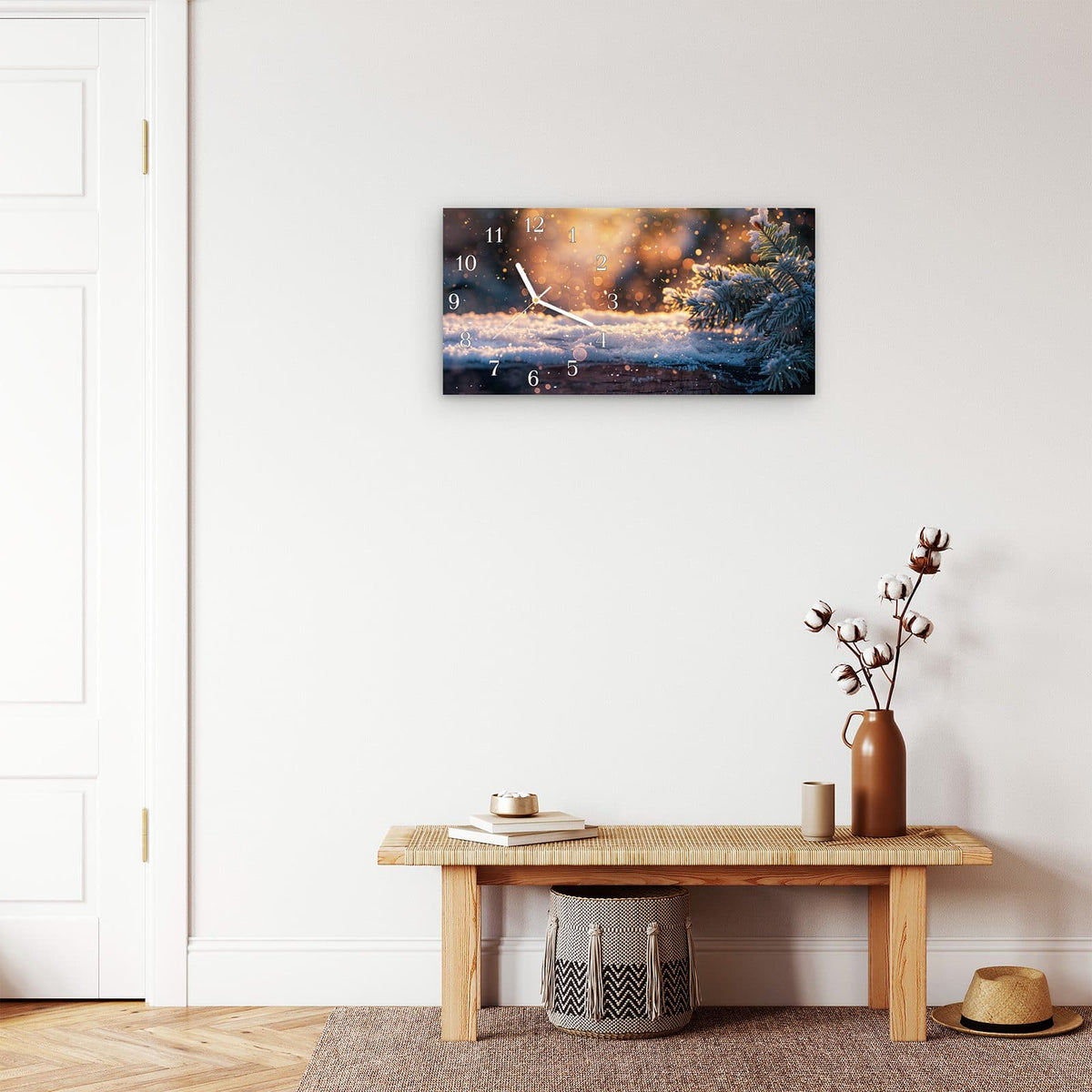 Moderne Wanduhr aus Glas mit Farbtiefe – Wanduhr Winterzweig Schnee aus Glas – Querformat 60 × 30 cm