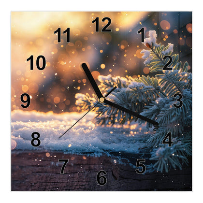 Wanduhr Quadratisch mit dem Motiv Tannenzweig im Goldlicht