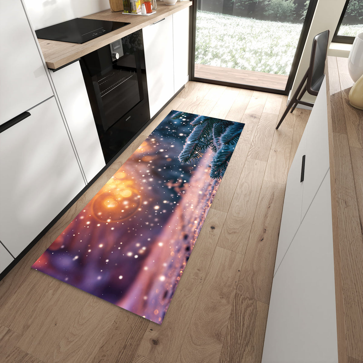 Schmutzabweisender Küchenteppich mit Motiv Winterzauber in moderner Küche