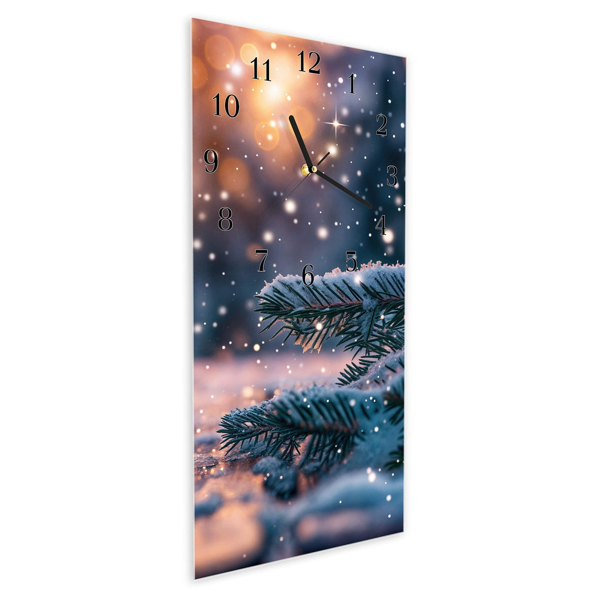 Vormontiert – mit Schwebeeffekt – Wanduhr Winterliche Tannenzweige aus Glas – Hochformat 30 × 60 cm