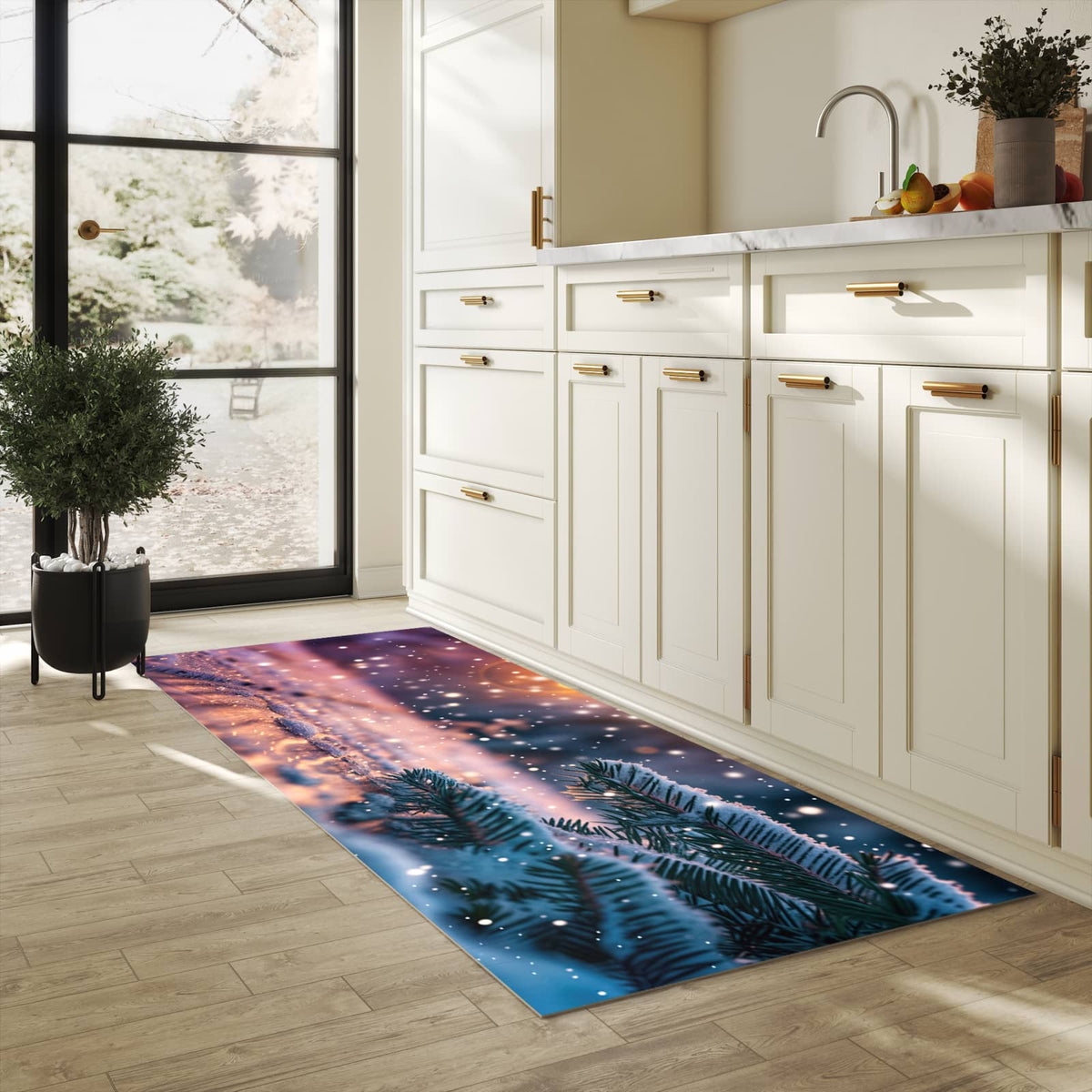 Feuchtigkeitsresistenter Bodenläufer mit Motiv Winterzauber in heller Küche