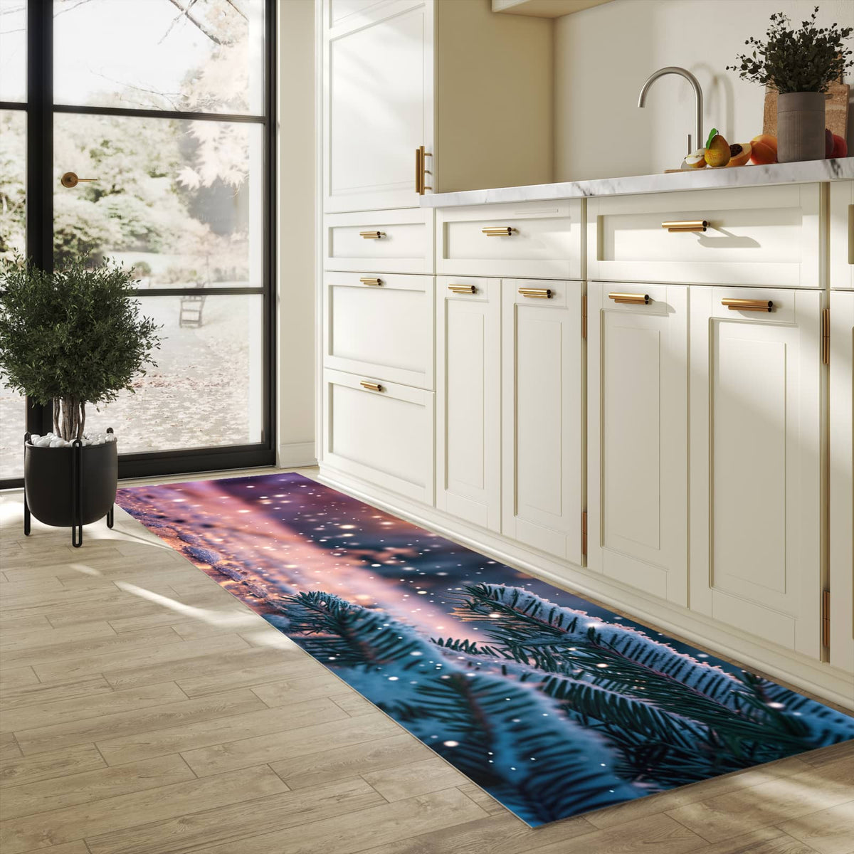 Langlebiger Teppich für Esstisch mit Motiv Winterzauber in heller Küche, waschbar