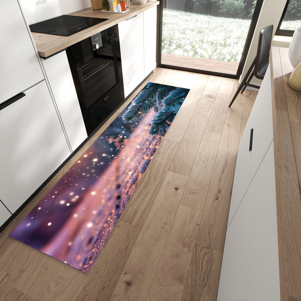 UV-beständiger abwaschbarer Küchenläufer mit Motiv Winterzauber in moderner Küche