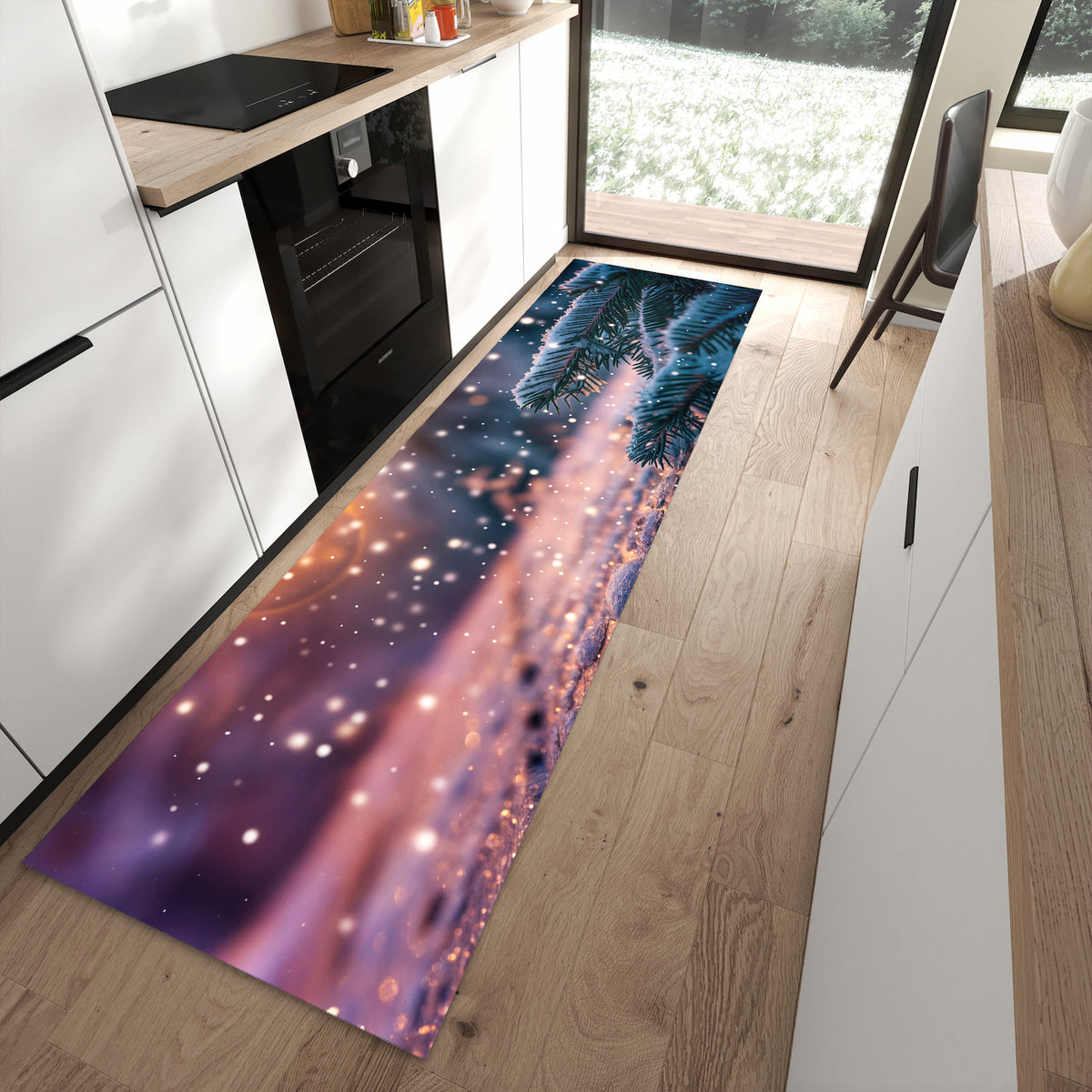 Langlebiger Küchenteppich mit Motiv Winterzauber in moderner Küche