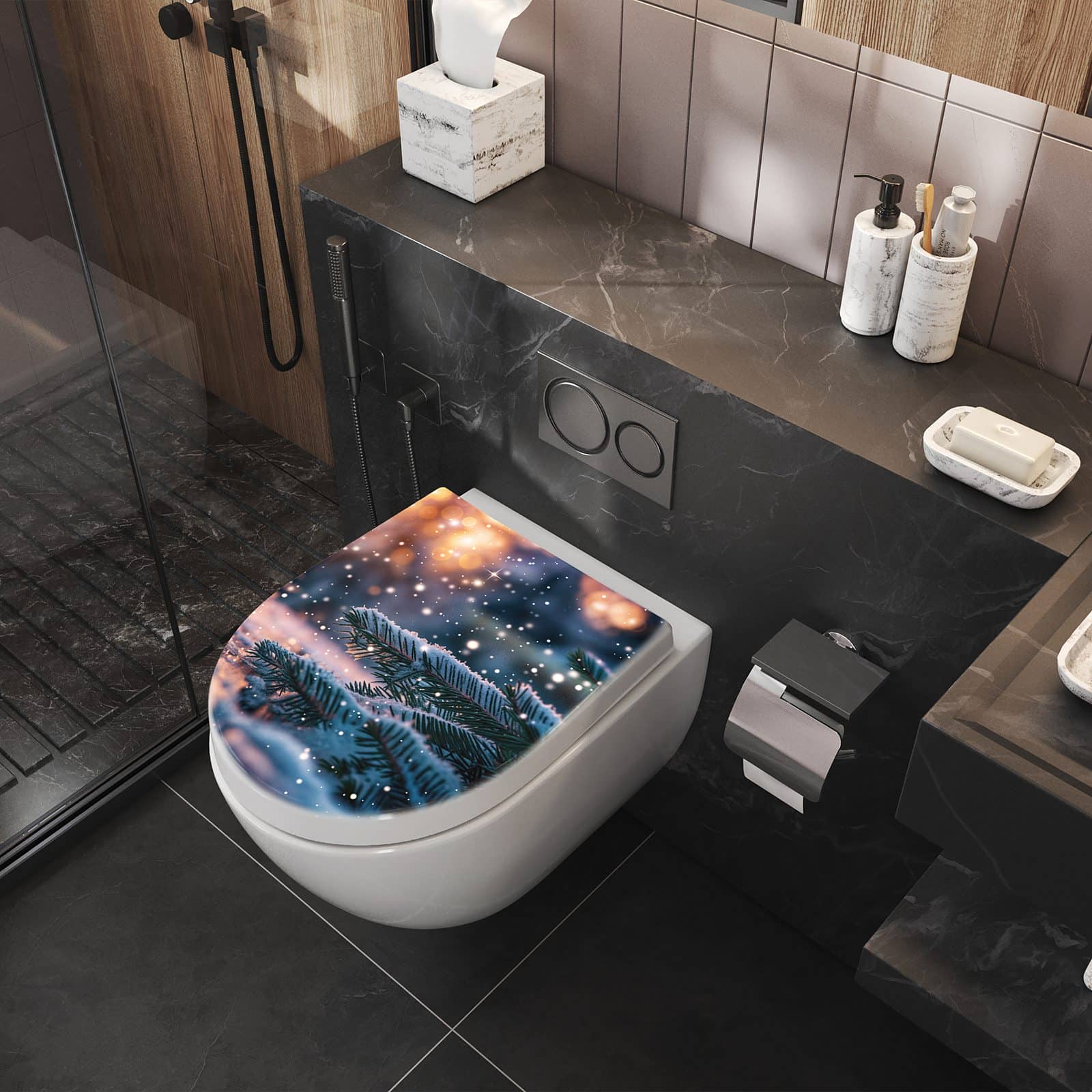 Belastbarer ausgefallener WC-Deckel mit Motiv Winterzauber im Badezimmer seitliche Perspektive