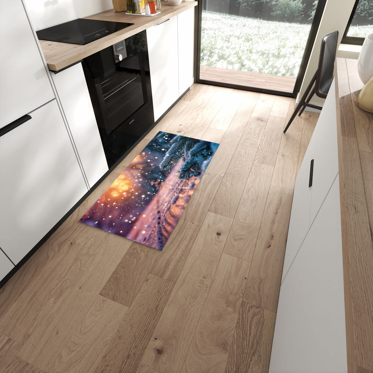 Zeitsparender Küchenläufer nach Maß mit Motiv Winterzauber in moderner Küche #grösse_60 x 120 cm