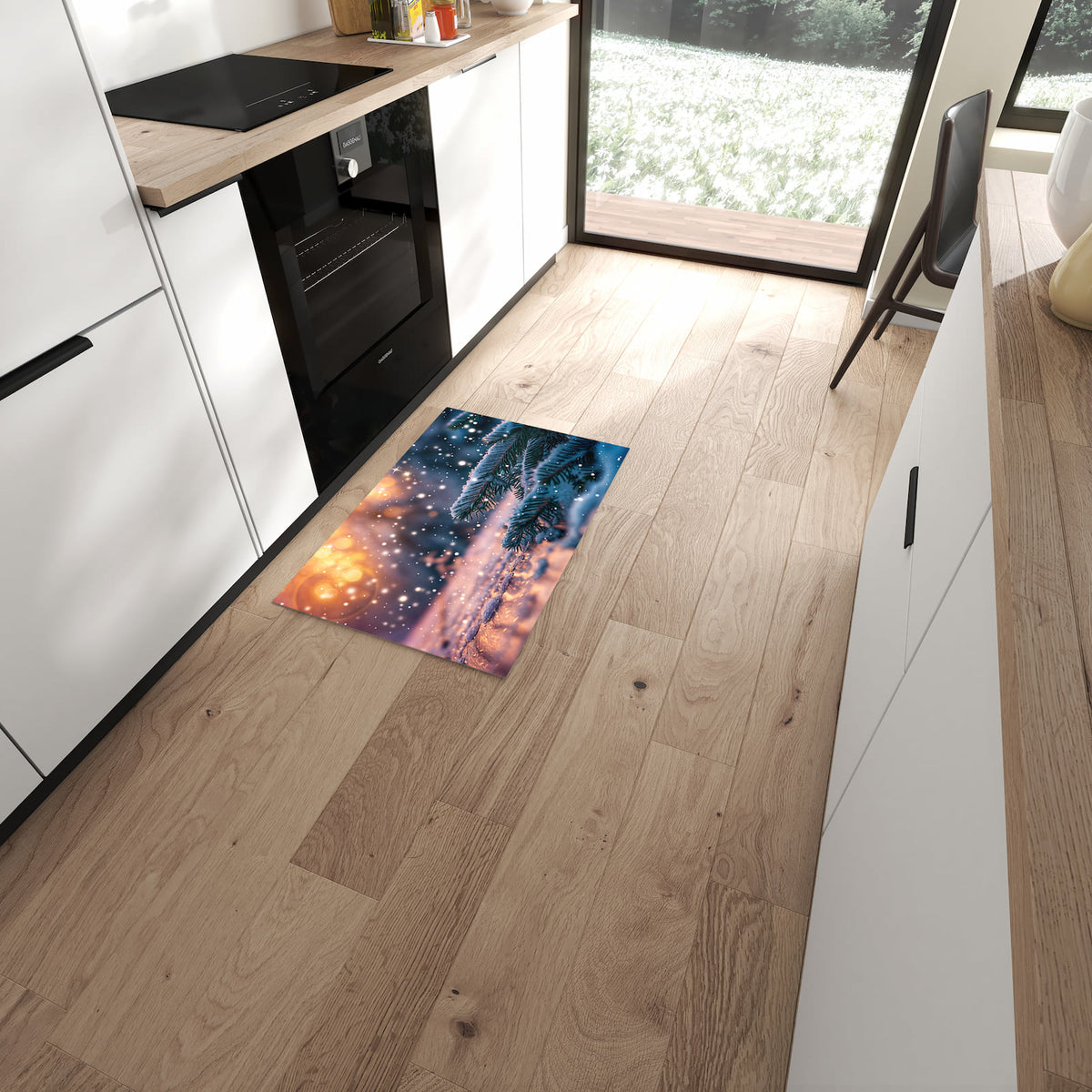 Fleckenresistenter Küchenteppich mit Motiv Winterzauber in moderner Küche
