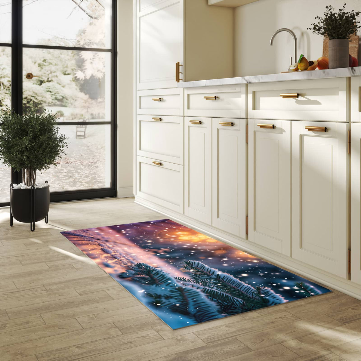 Rutschfester Küchenteppich mit Motiv Winterzauber in heller Küche