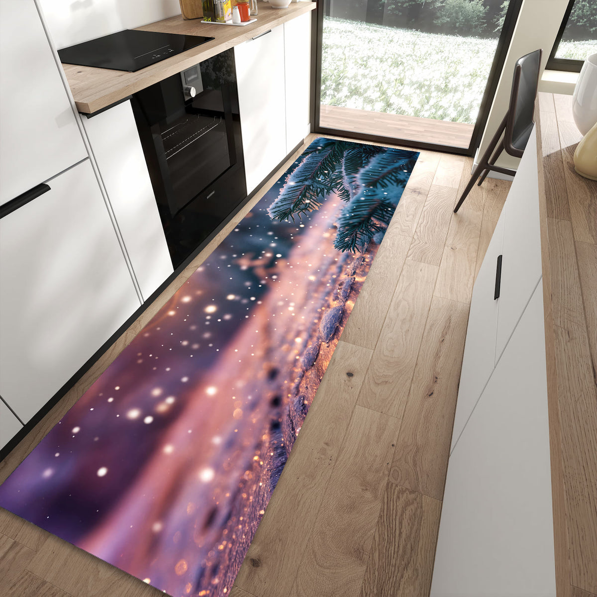 Flacher Küchenteppich mit Motiv Winterzauber in moderner Küche
