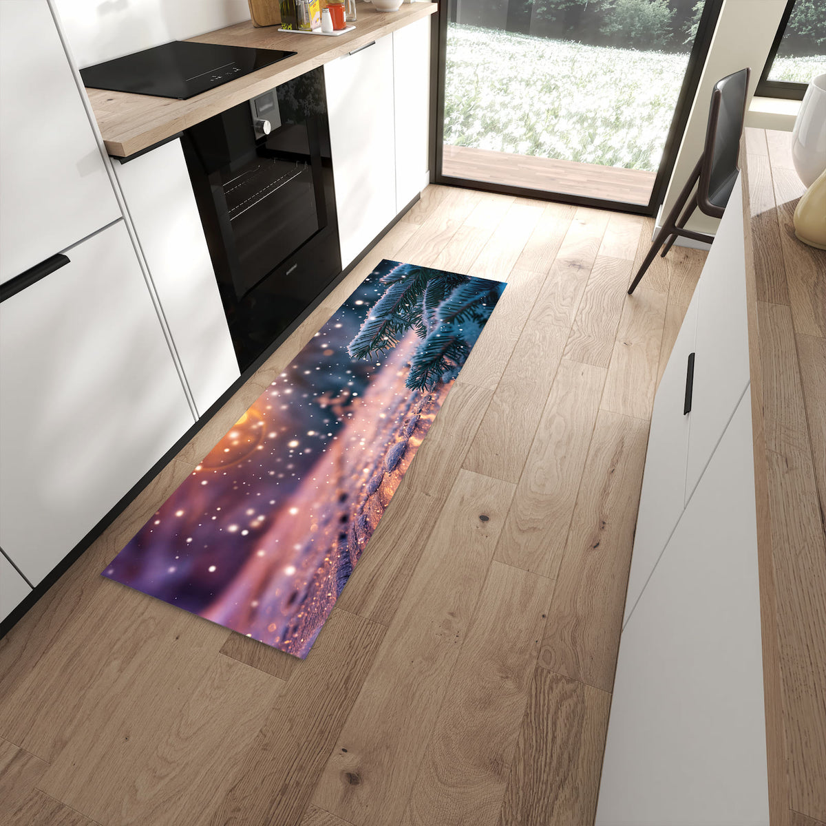 Abriebfester moderner Küchenläufer mit Motiv Winterzauber in moderner Küche