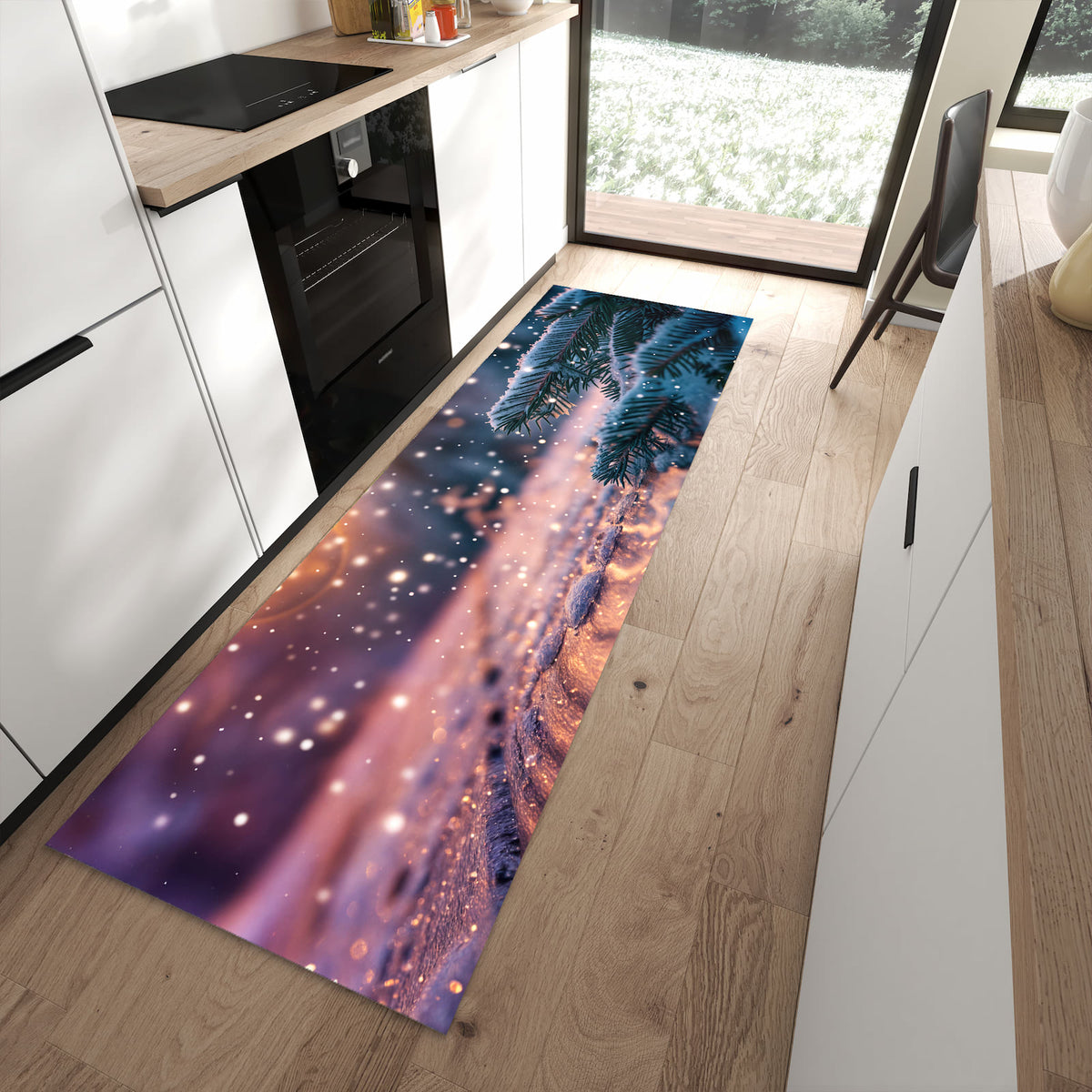 Geruchsneutraler Küchenteppich mit Motiv Winterzauber in moderner Küche