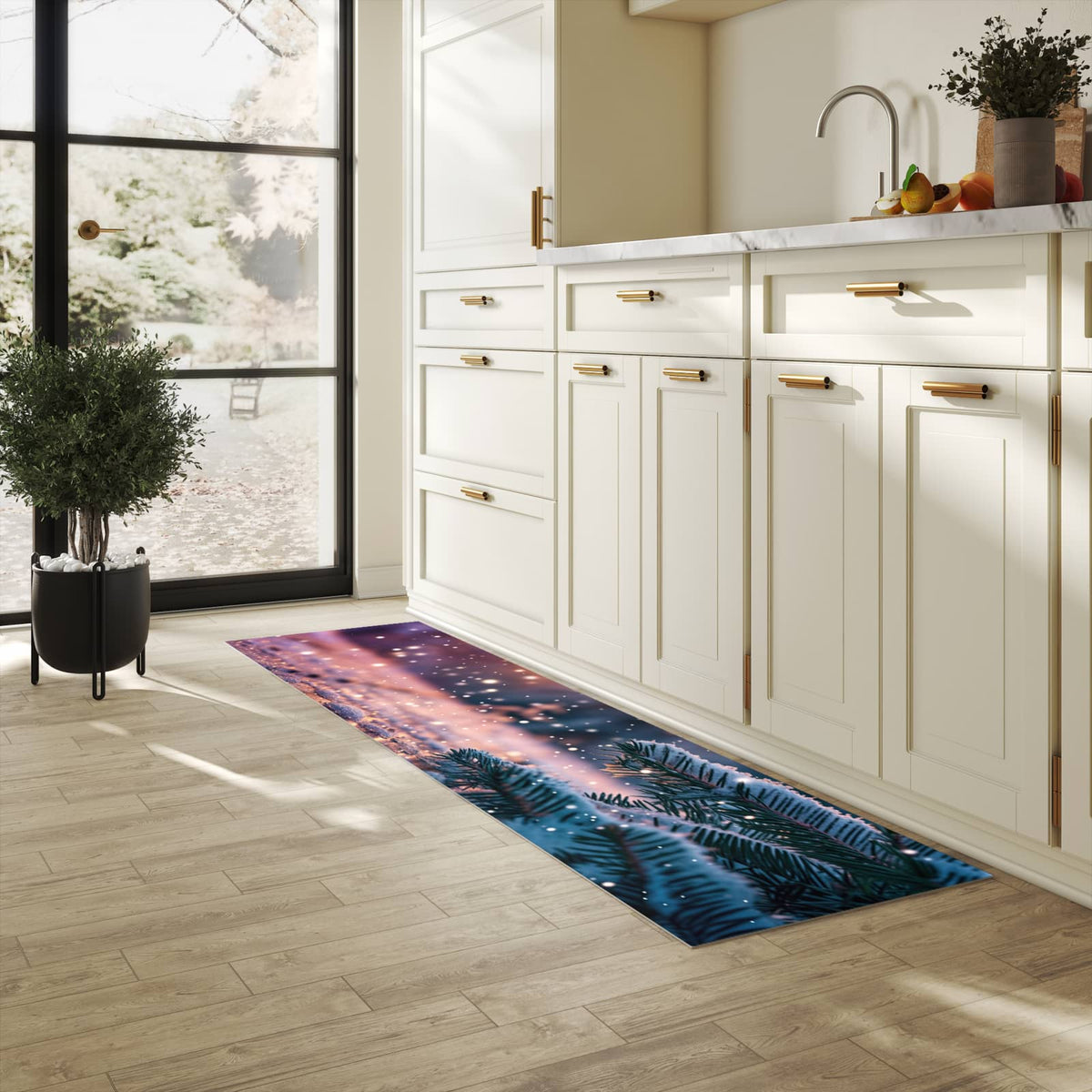 Komfortabler langer Teppich mit Motiv Winterzauber in heller Küche