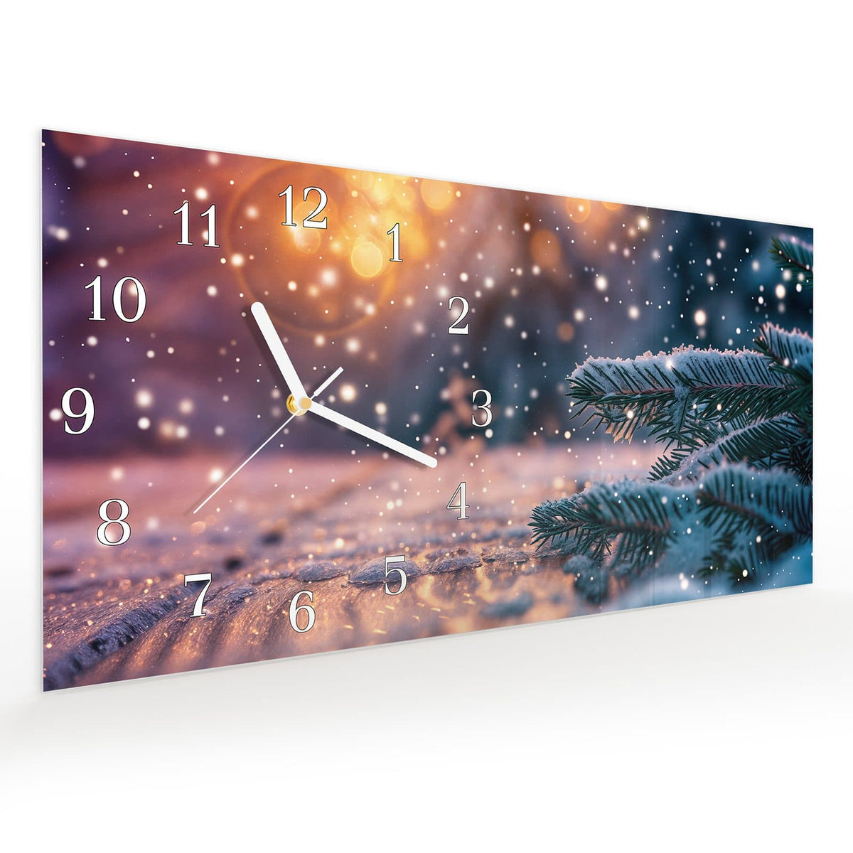 Vormontiert – mit Schwebeeffekt – Wanduhr Winterliche Tannenzweige aus Glas – Querformat 60 × 30 cm