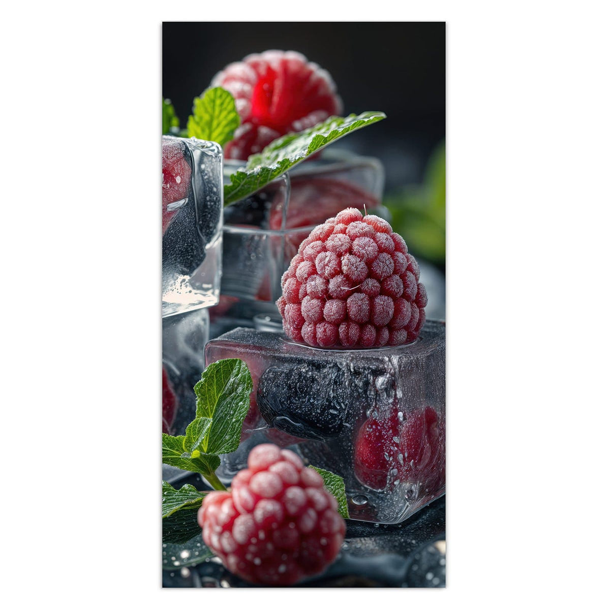 11 Größen – von 30 × 60 bis 60 × 150 cm – Wandbild - Beeren im Eisblock - Hochformat