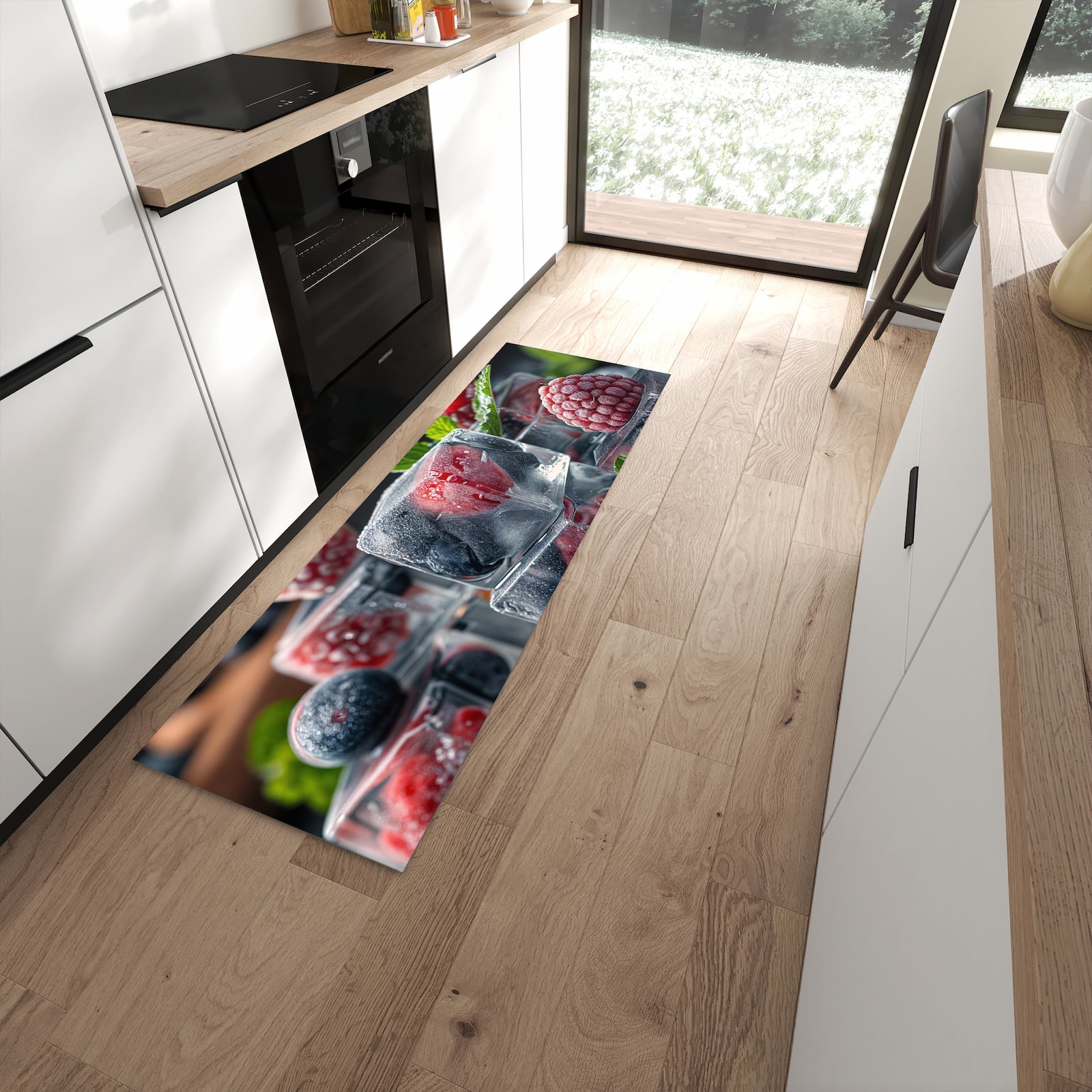 Geruchsneutraler abwaschbarer Küchenteppich mit Motiv Beeren von Gefrorene in moderner Küche