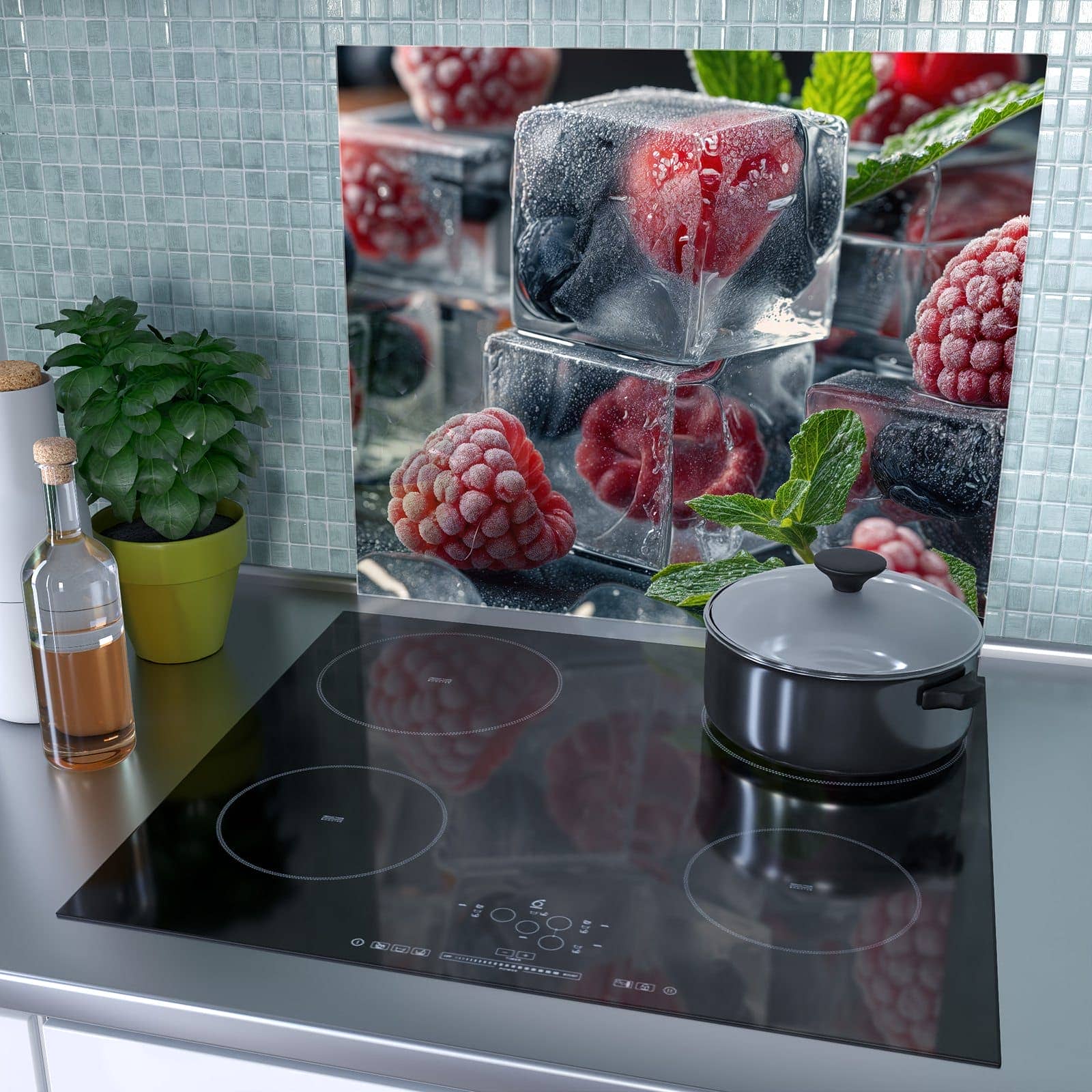 1-teilige Herdabdeckung aus Holz mit Beeren in Eiswürfeln-Motiv als Spritzschutz hinter dem Kochfeld