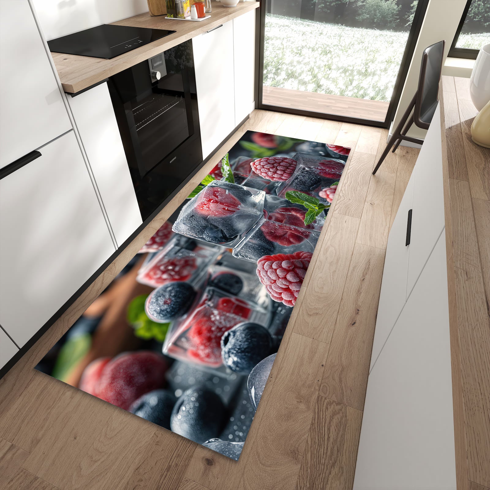 Waschbarer Küchenläufer mit Motiv Beeren von Gefrorene in moderner Küche