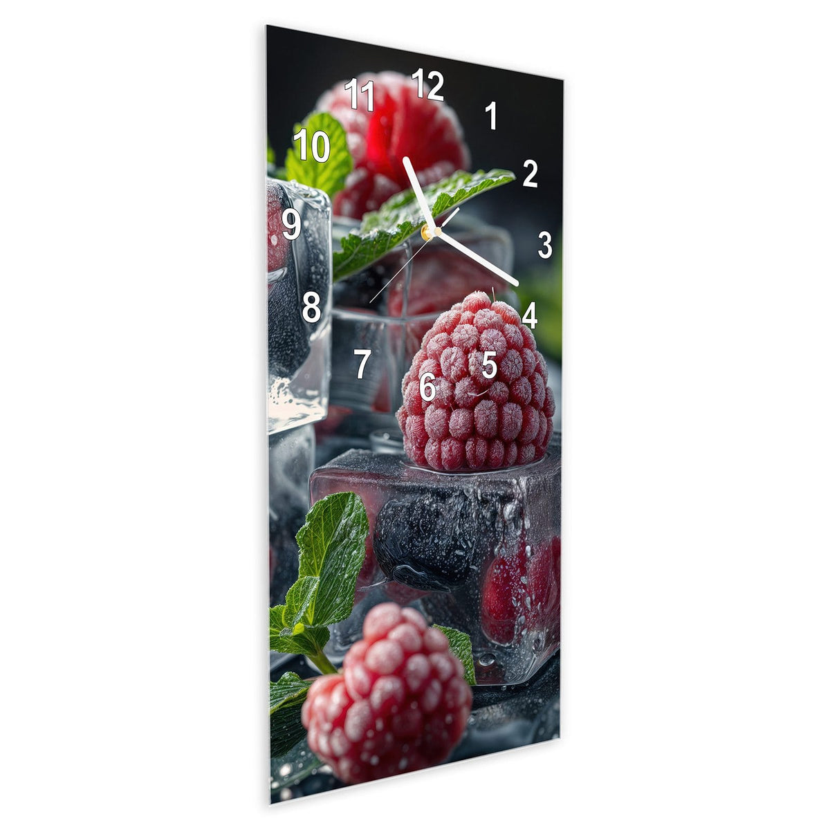 Wanduhr aus Glas im Hochformat Beeren im Eisblock schräg von der Seite, 4 mm starkes Glas