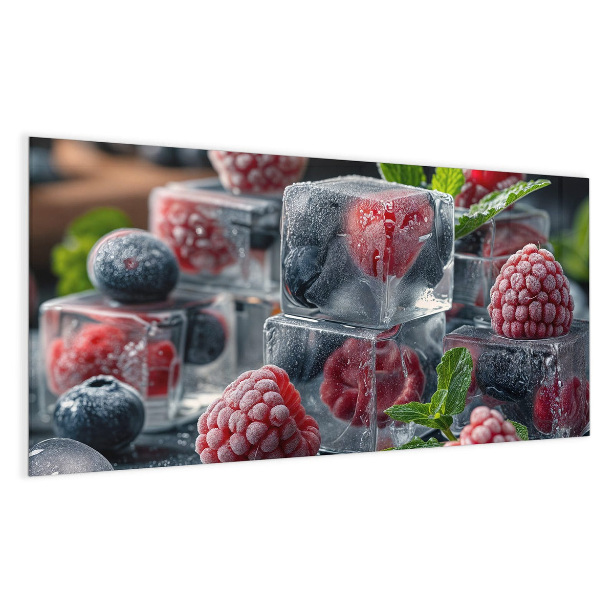 Himbeeren und Blaubeeren in Eiswürfeln eingeschlossen, dazu frische Minze