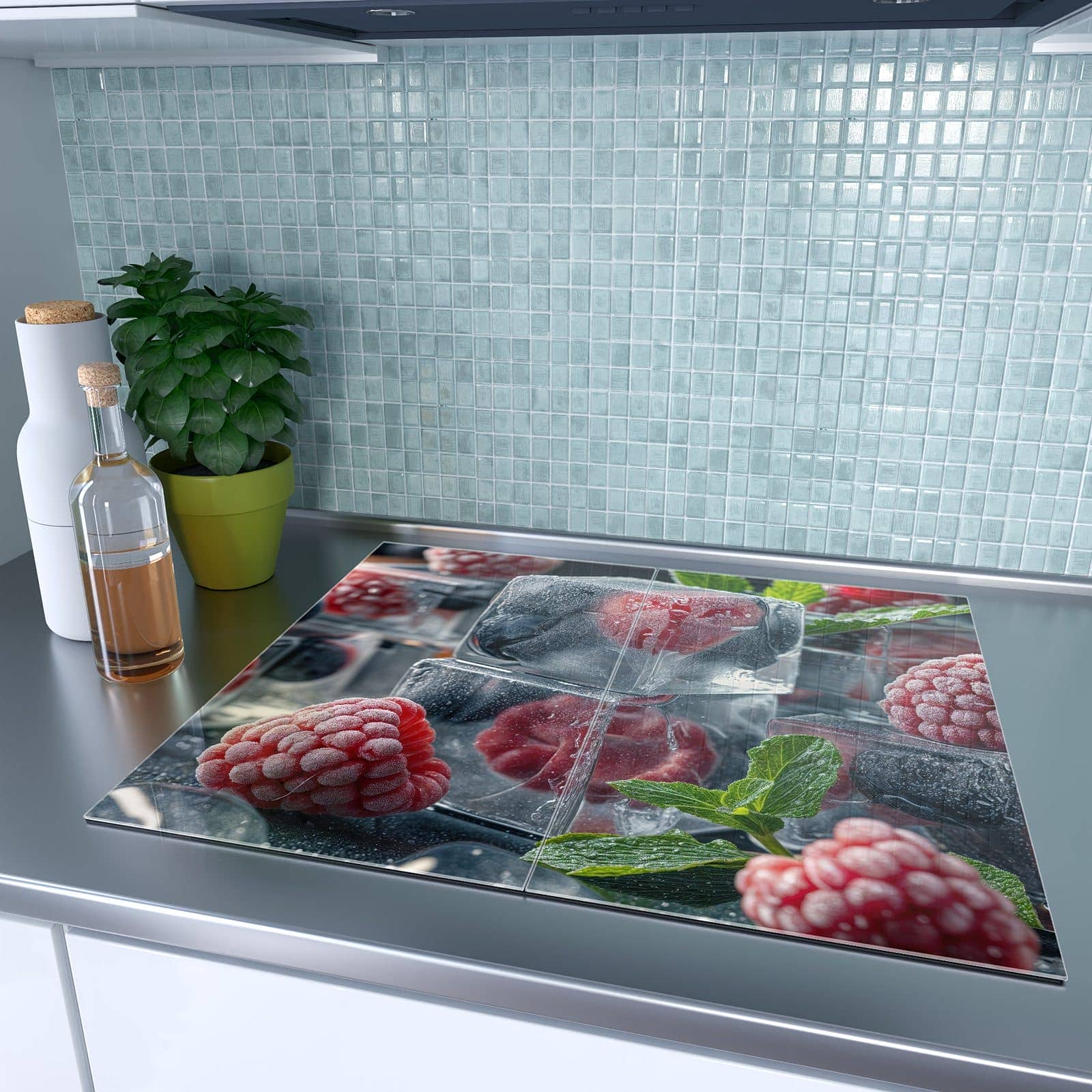 2-teilige Ceranfeldabdeckungen mit Beeren in Eiswürfeln-Motiv auf dem Ceranfeld