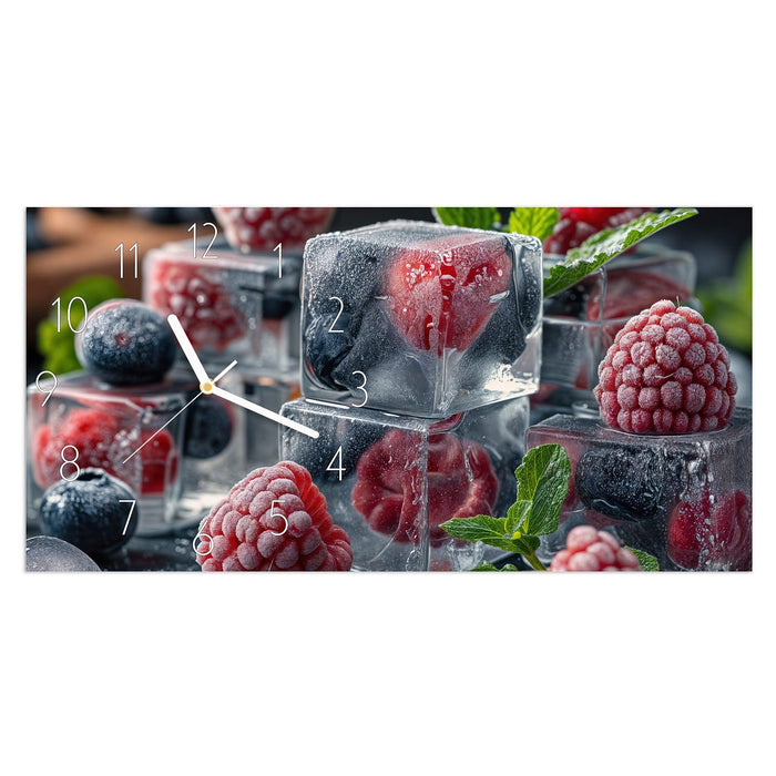 Wanduhr Beeren in Eiswürfeln aus Glas – Querformat 60 × 30 cm mit Ziffernblatt Elegant