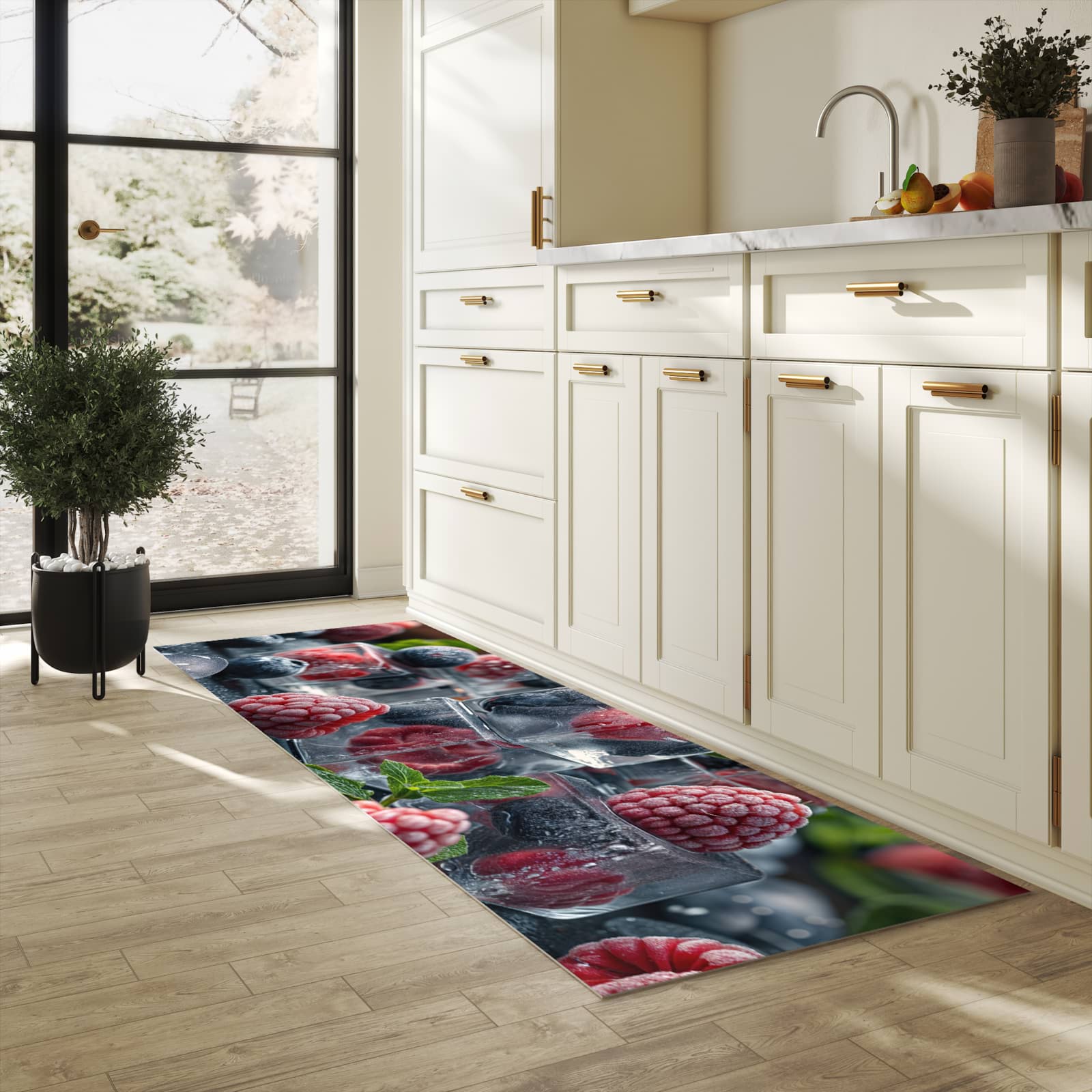 Abriebfester Küchenteppich mit Motiv Beeren von Gefrorene in heller Küche