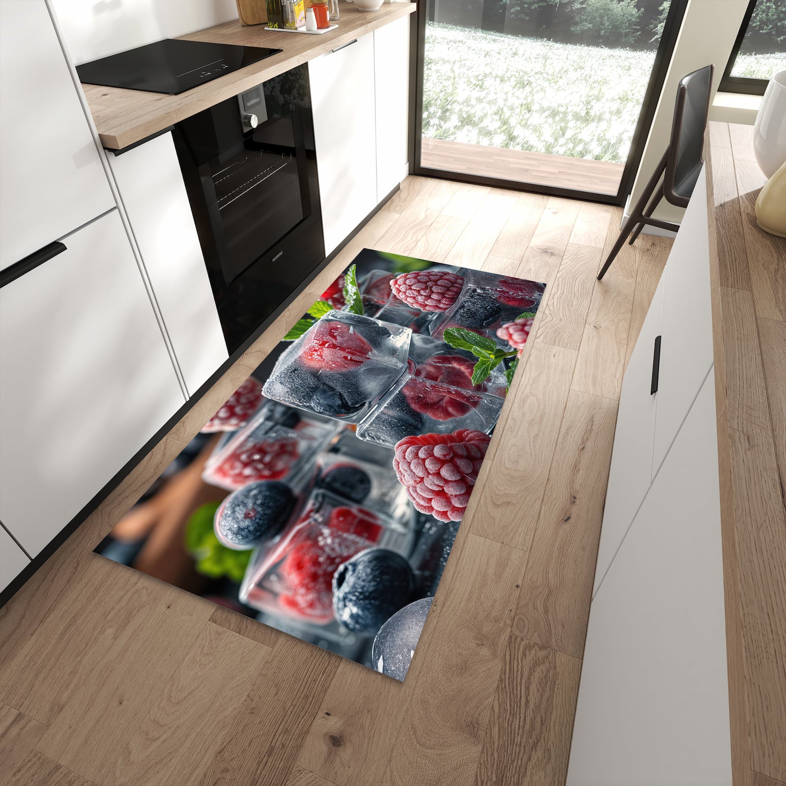 Strapazierfähiger Läufer für die Küche mit Motiv Beeren von Gefrorene in moderner Küche