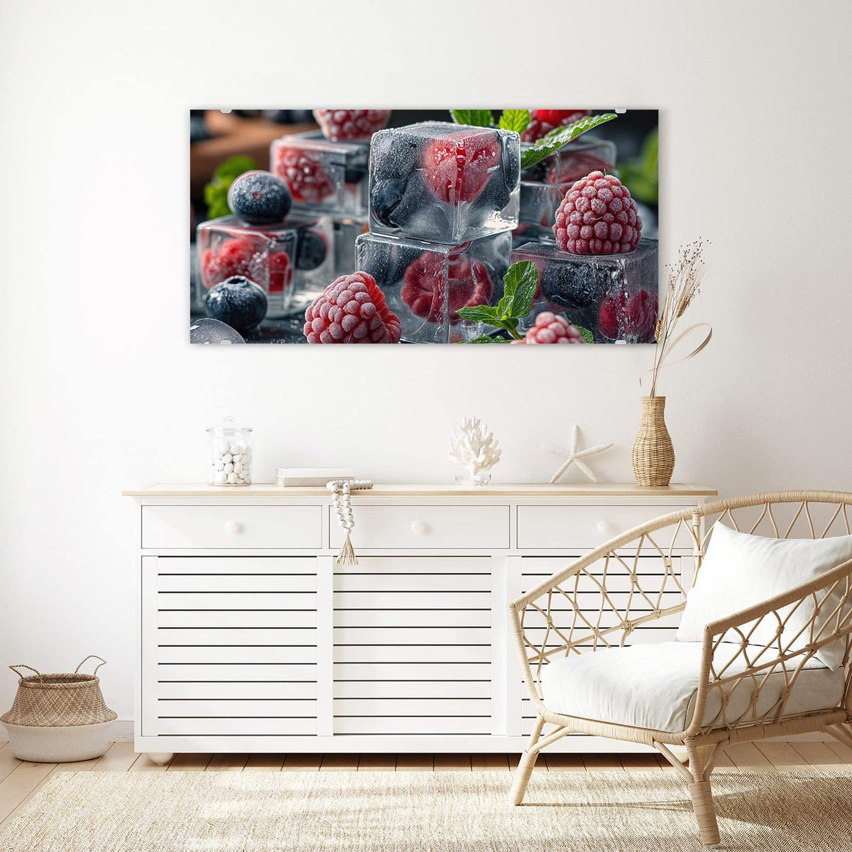Echtglas, 4 mm – kein Acryl, keine Folie – Wandbild - Beeren im Eisblock - Querformat