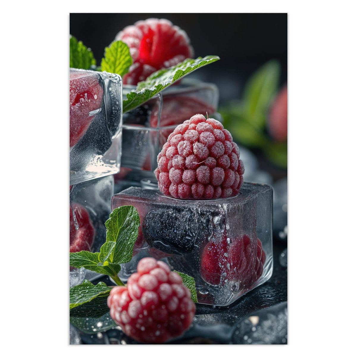 Himbeeren und Blaubeeren in Eiswürfeln eingeschlossen, dazu frische Minze