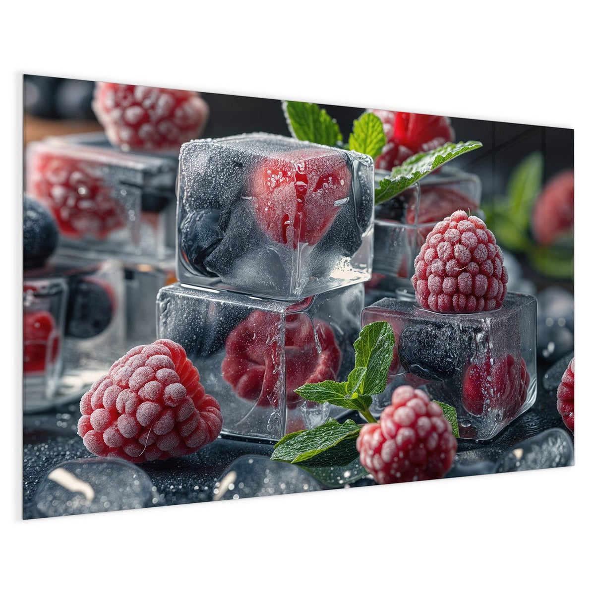 4 mm Glas statt lackiertem Blech – Magnettafel - Beeren im Eisblock