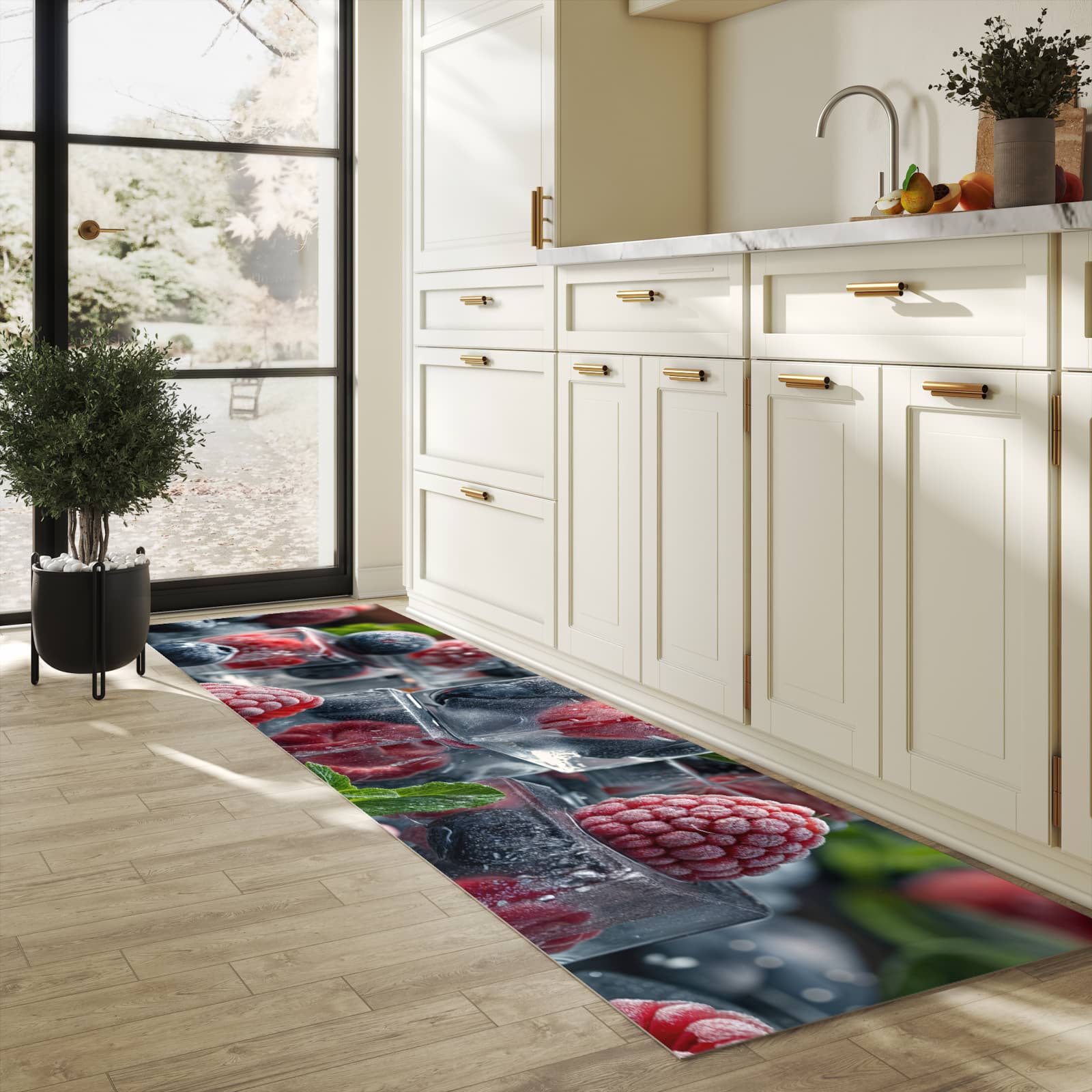 Komfortabler Küchenläufer mit Motiv Beeren von Gefrorene in heller Küche