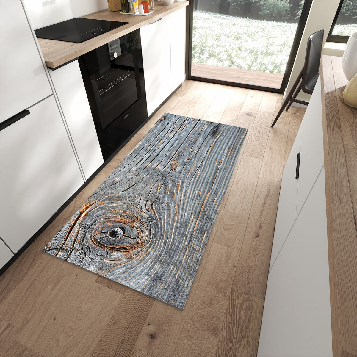 Formstabiler rutschfester Küchenläufer mit Motiv Holzstruktur Vintage in moderner Küche