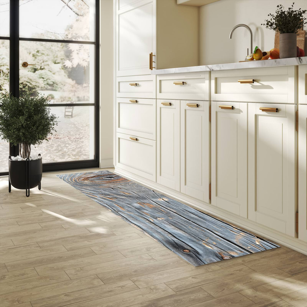 Langlebiger Küchenteppich mit Motiv Holzstruktur Vintage in heller Küche