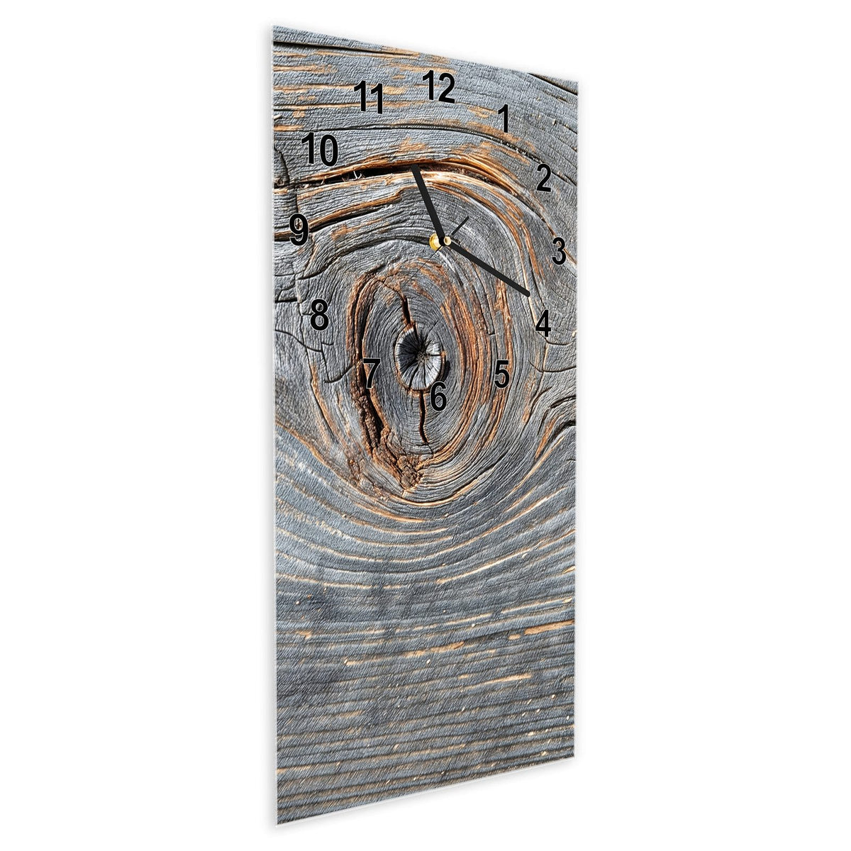 Wanduhr aus Glas im Hochformat Astloch im Altholz schräg von der Seite, 4 mm starkes Glas