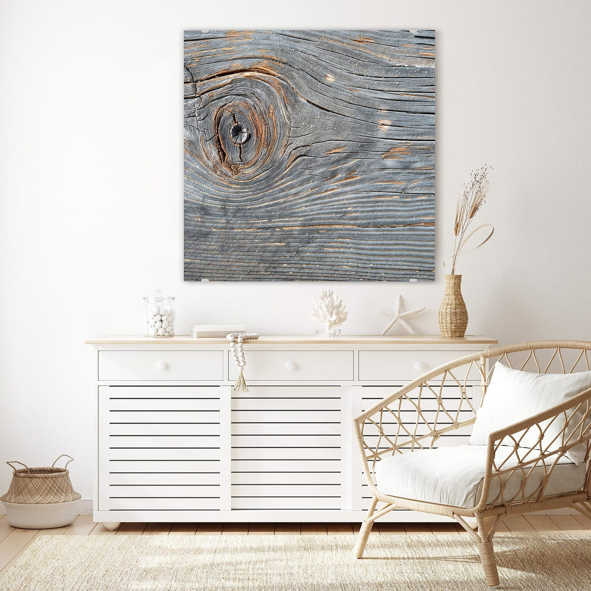 Echtglas, 4 mm – kein Acryl, keine Folie – Wandbild - Astloch im Altholz - Quadratisch