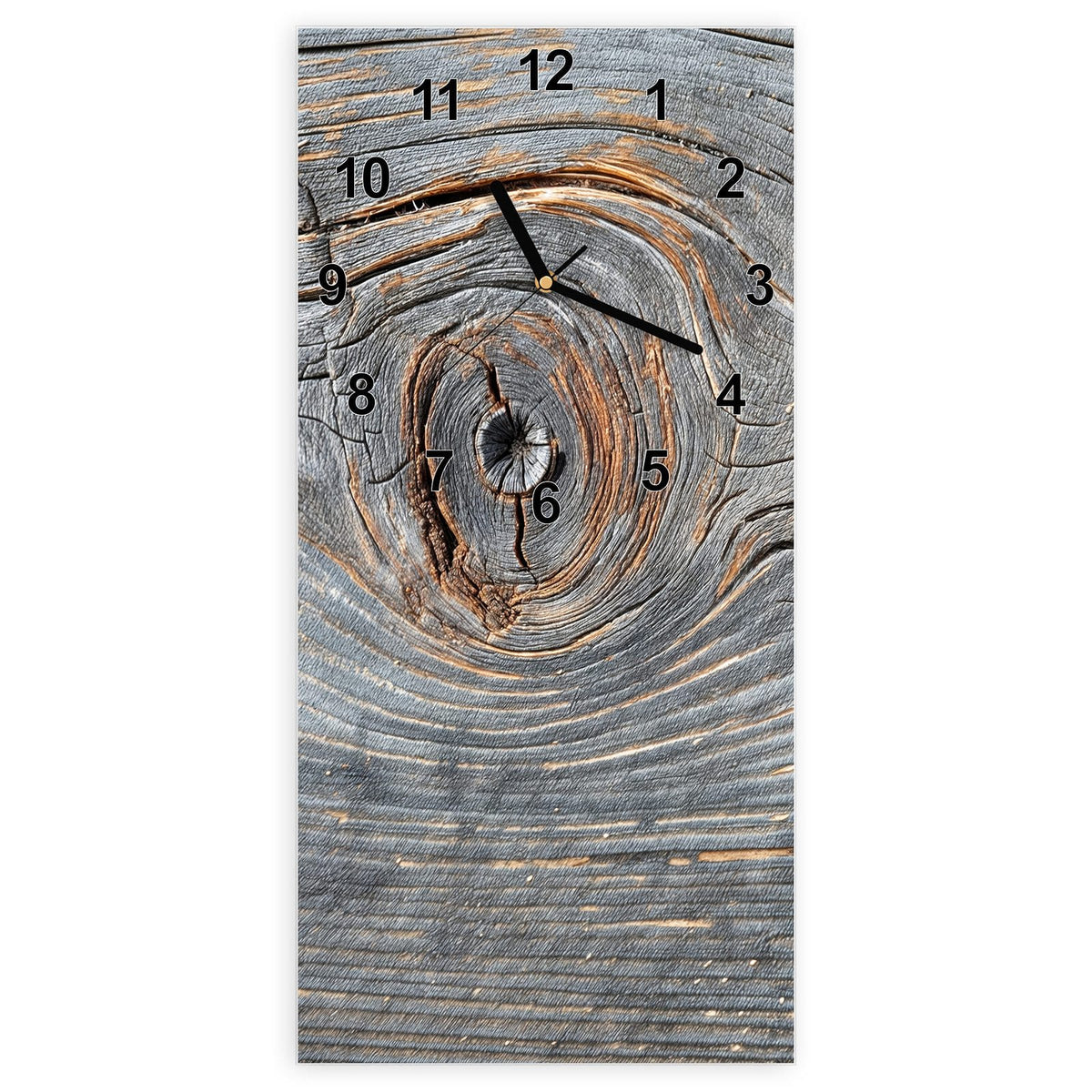 Wanduhr aus Glas, Ziffernblatt Modern mit Motiv Astloch im Altholz: Ein einzelnes graubraunes, verwittertes Brett mit großem Astloch in der Mitte