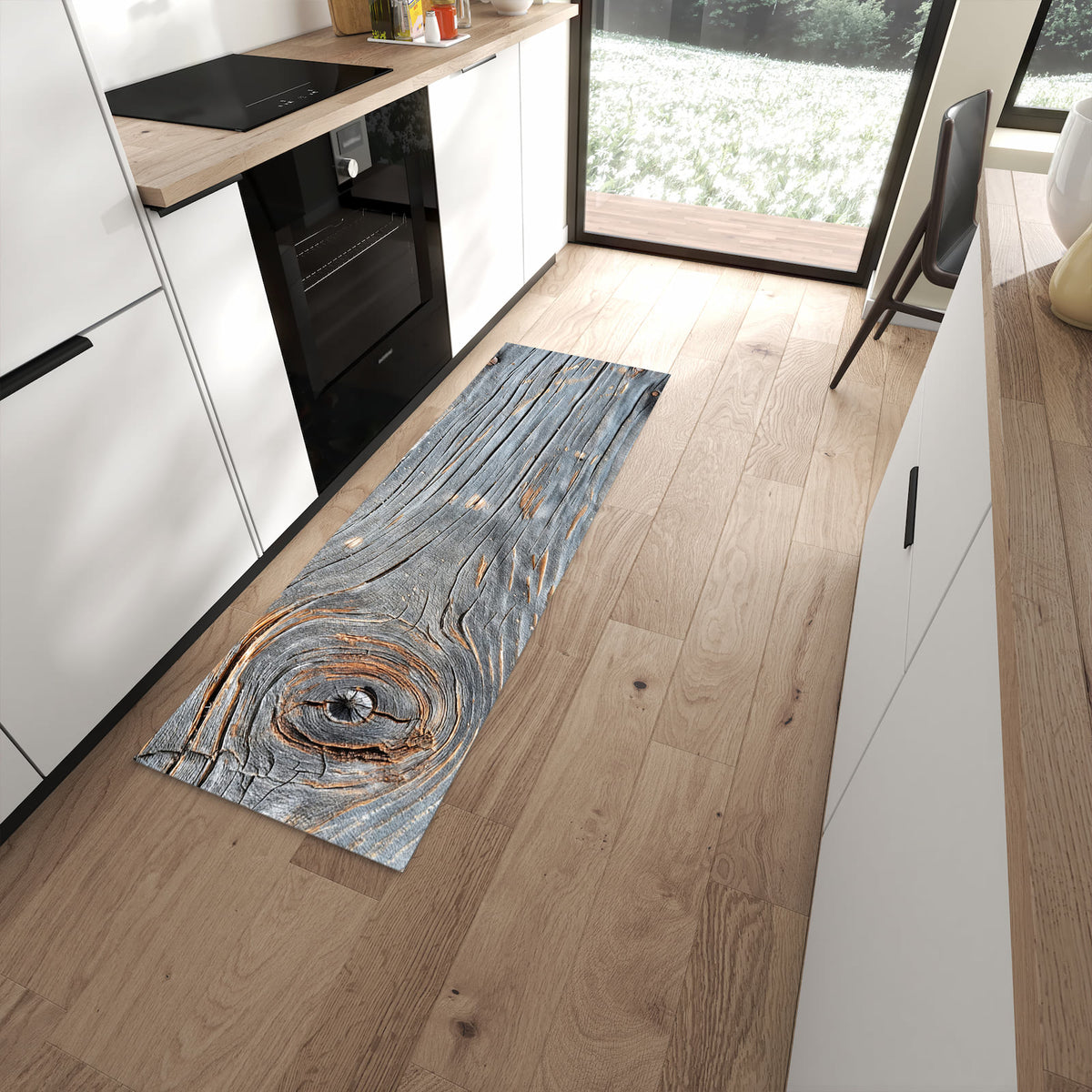 Strapazierfähiger rutschfester Küchenteppich mit Motiv Holzstruktur Vintage in moderner Küche