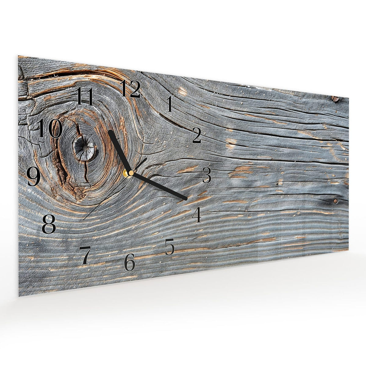 Vormontiert – mit Schwebeeffekt – Wanduhr Holzstruktur Vintage aus Glas – Querformat 60 × 30 cm
