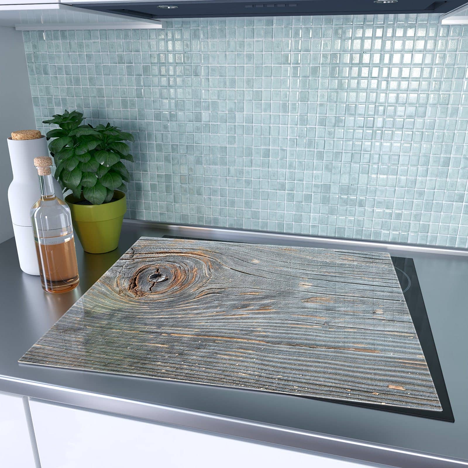 1-teilige Herdabdeckplatte aus Glas mit Holzstruktur Vintage-Motiv auf dem Ceranfeld