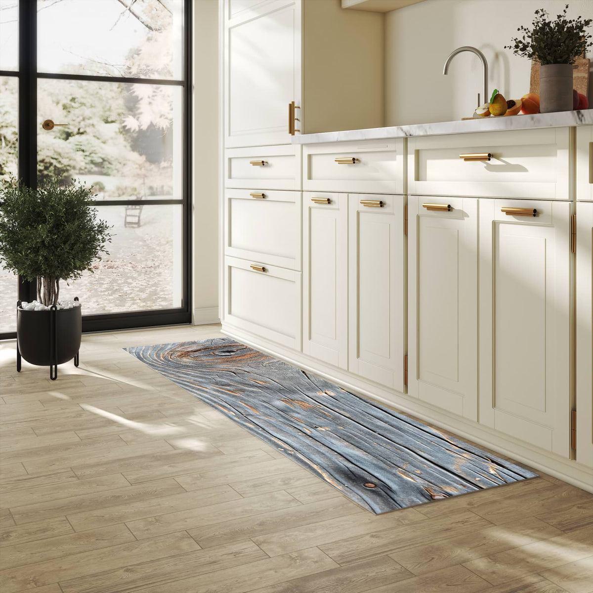 Waschbarer Küchenteppich mit Motiv Holzstruktur Vintage in heller Küche