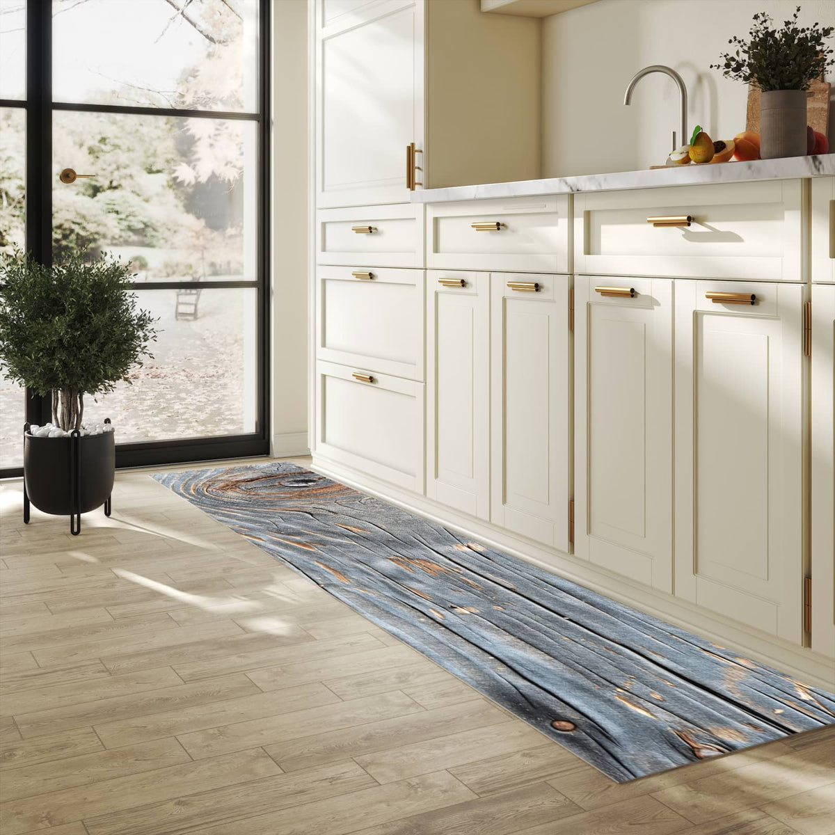Rutschfester Küchenteppich mit Motiv Holzstruktur Vintage in heller Küche