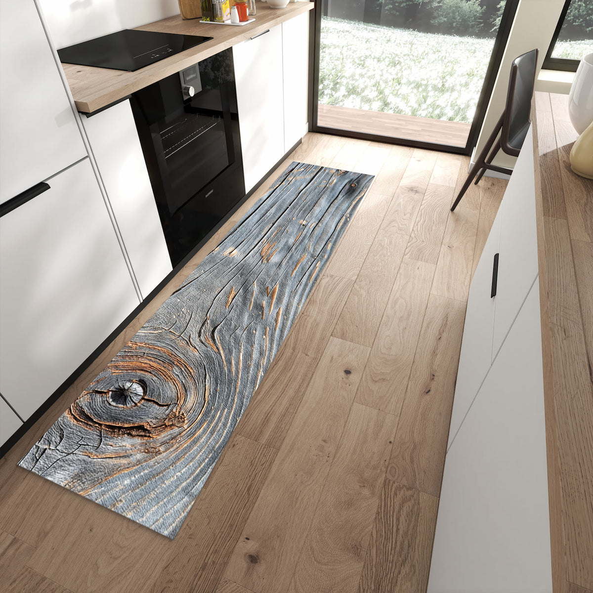 Waschbarer Küchenteppich mit Motiv Holzstruktur Vintage in moderner Küche