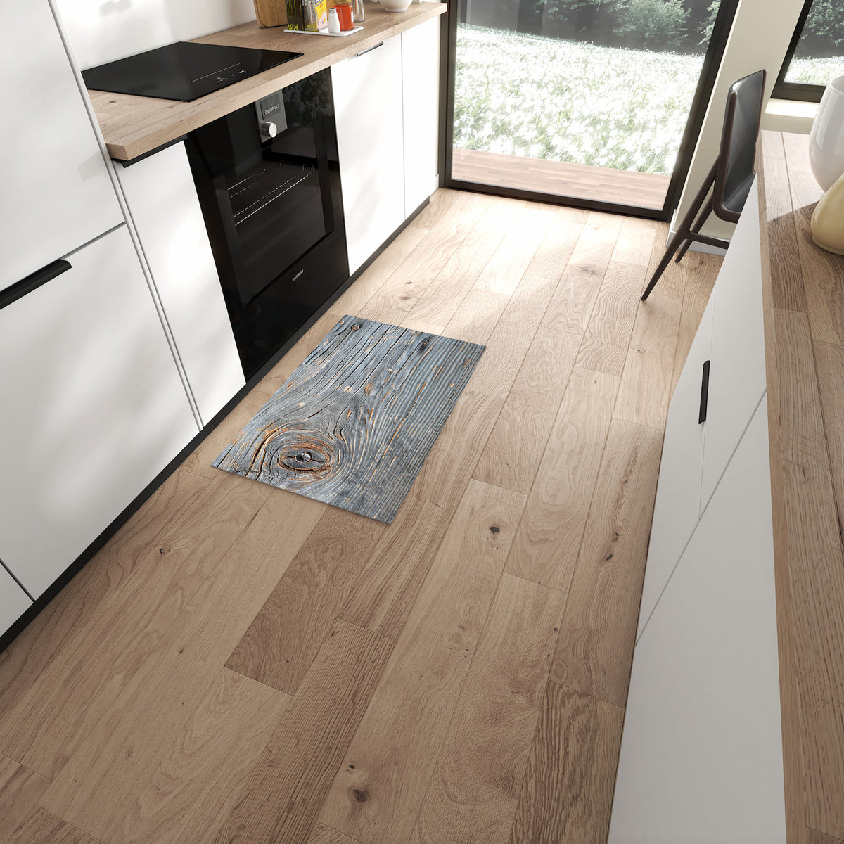 Feuchtigkeitsresistenter Küchenläufer mit Motiv Holzstruktur Vintage in moderner Küche