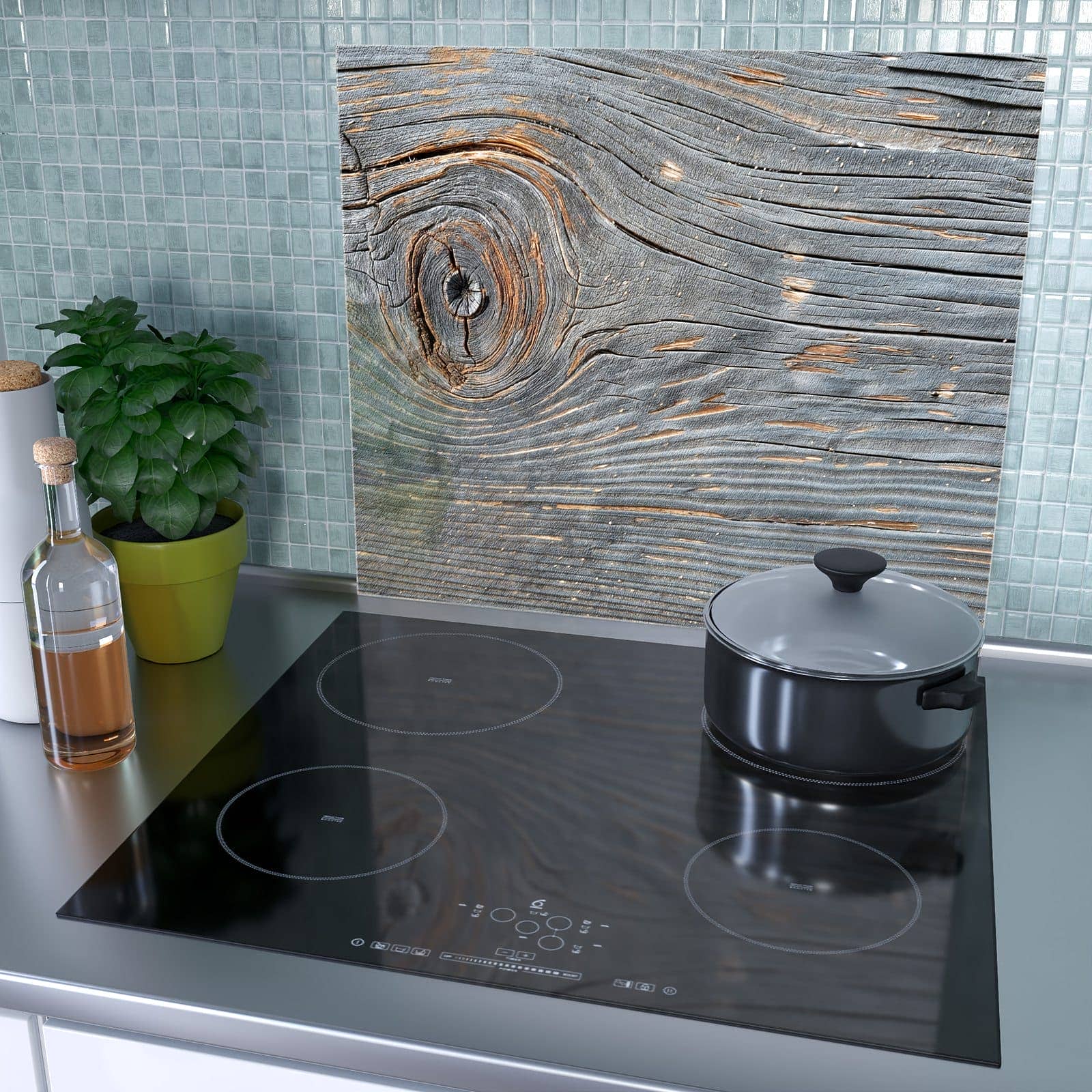 1-teilige Herdabdeckplatte mit Holzstruktur Vintage-Motiv als Spritzschutz hinter dem Kochfeld