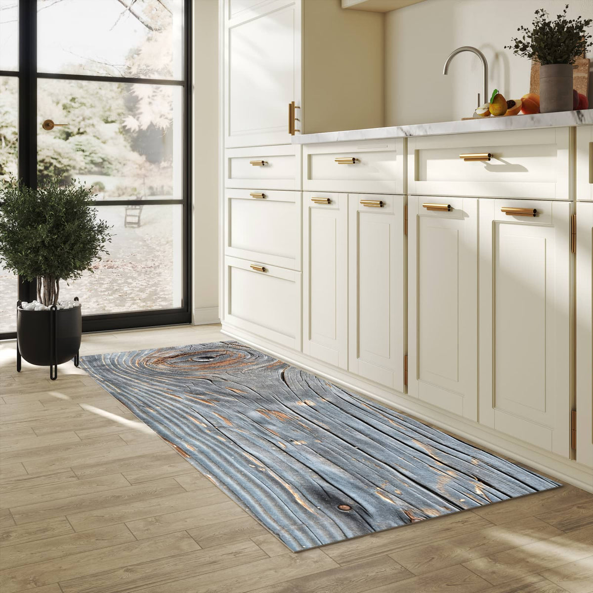 Geruchsneutraler Küchenläufer mit Motiv Holzstruktur Vintage in heller Küche