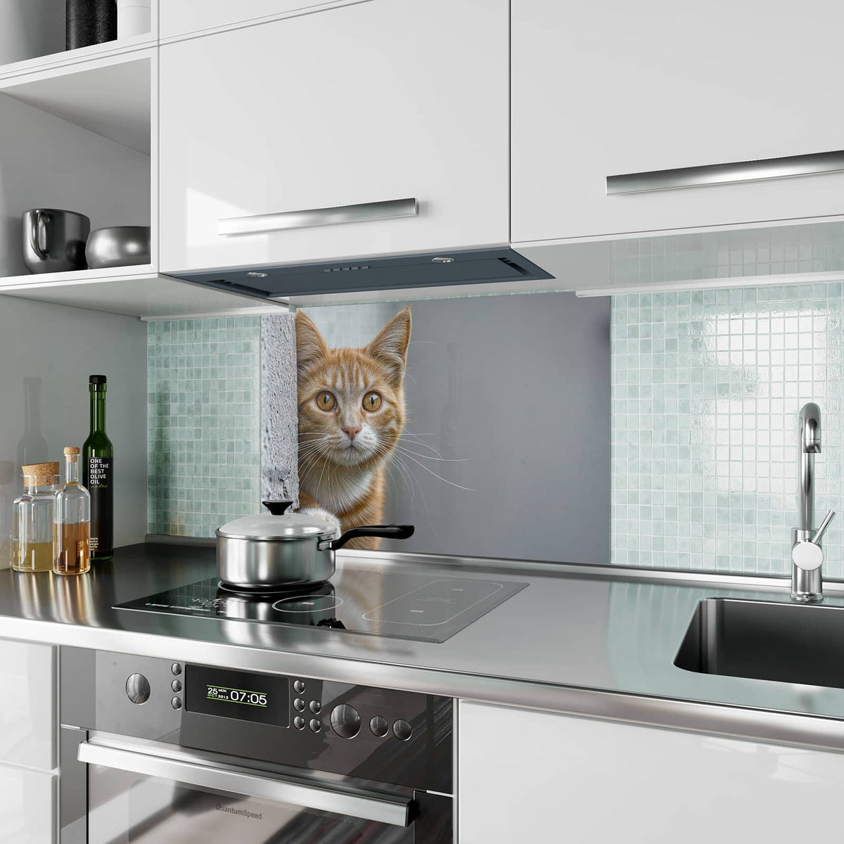 Küchenrückwand aus Glas Katze hinter der Mauer im Hochformat als Spritzschutz hinter dem Kochfeld, über dem Fliesenspiegel montiert