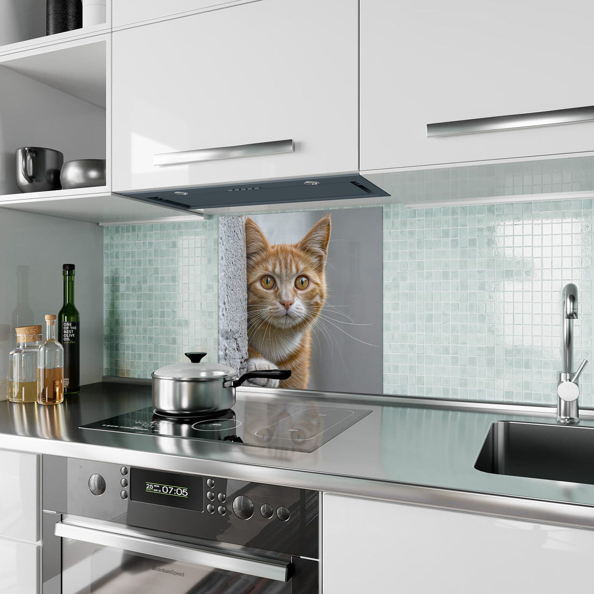 Küchenrückwand aus Glas Katze hinter der Mauer im quadratischen Format als Spritzschutz hinter dem Kochfeld, über dem Fliesenspiegel montiert