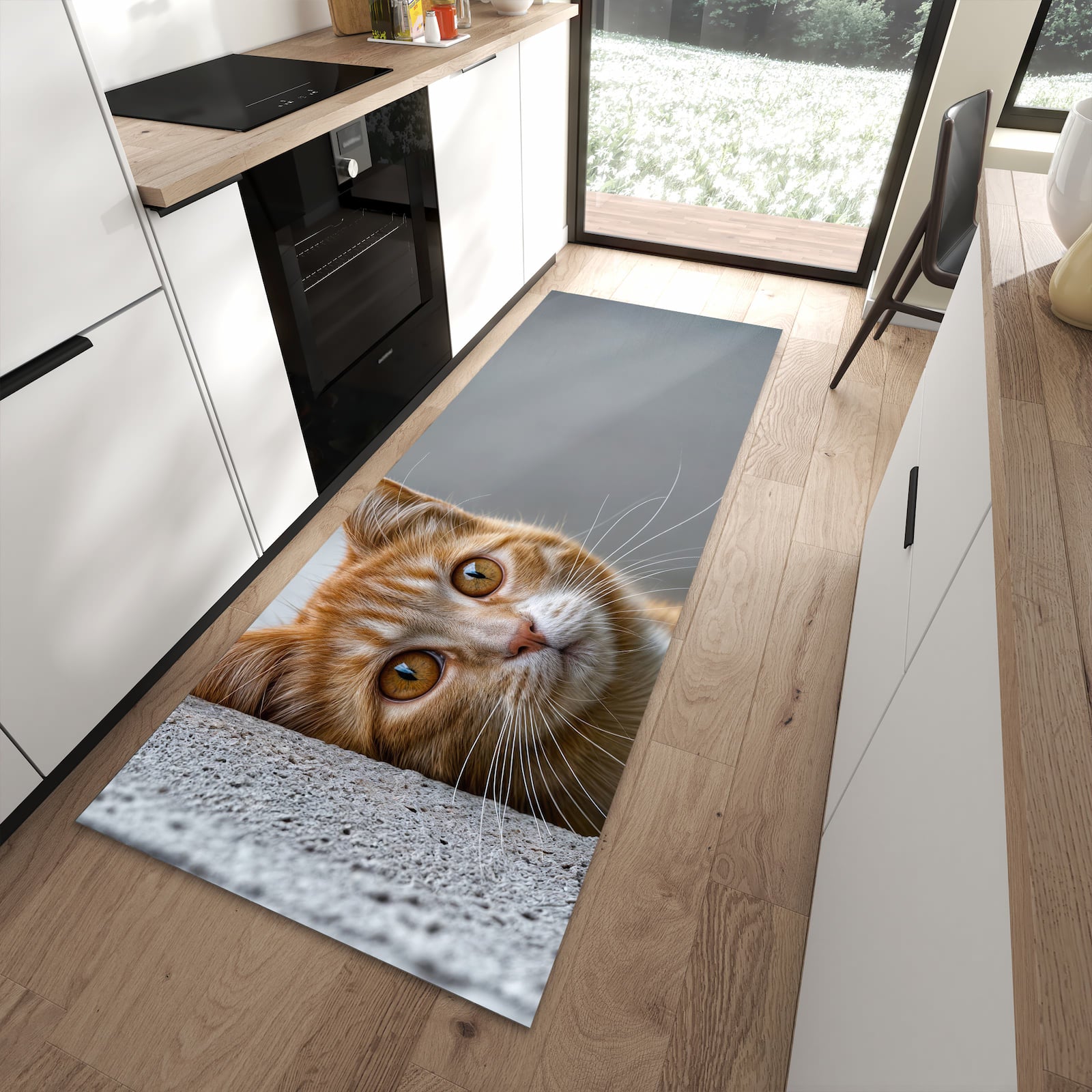 Leicht zu reinigender Küchenteppich mit Motiv Neugierige Katze in moderner Küche