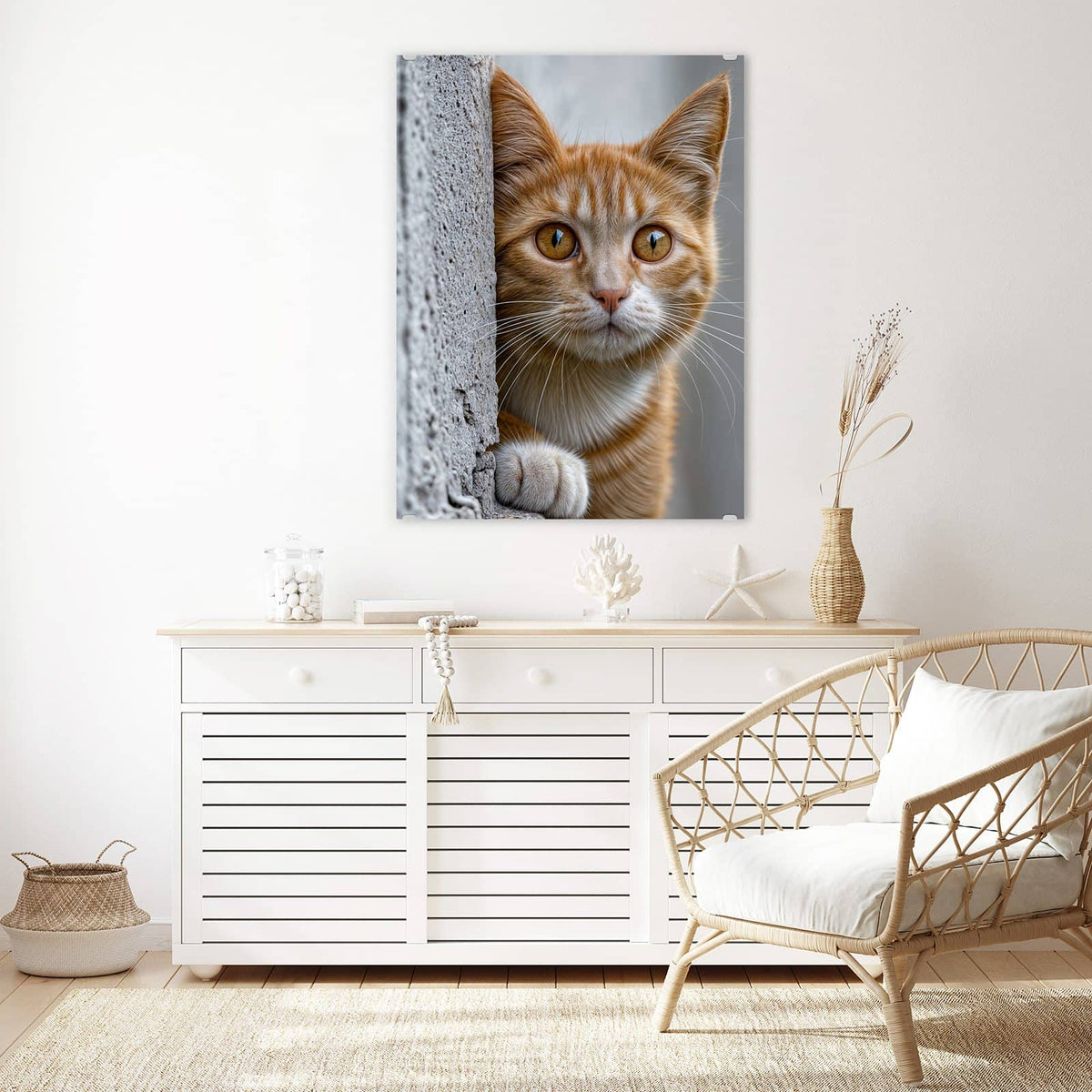 Aufhängung liegt bei – Motiv später wechselbar – Wandbild - Katze hinter der Mauer - Hochformat